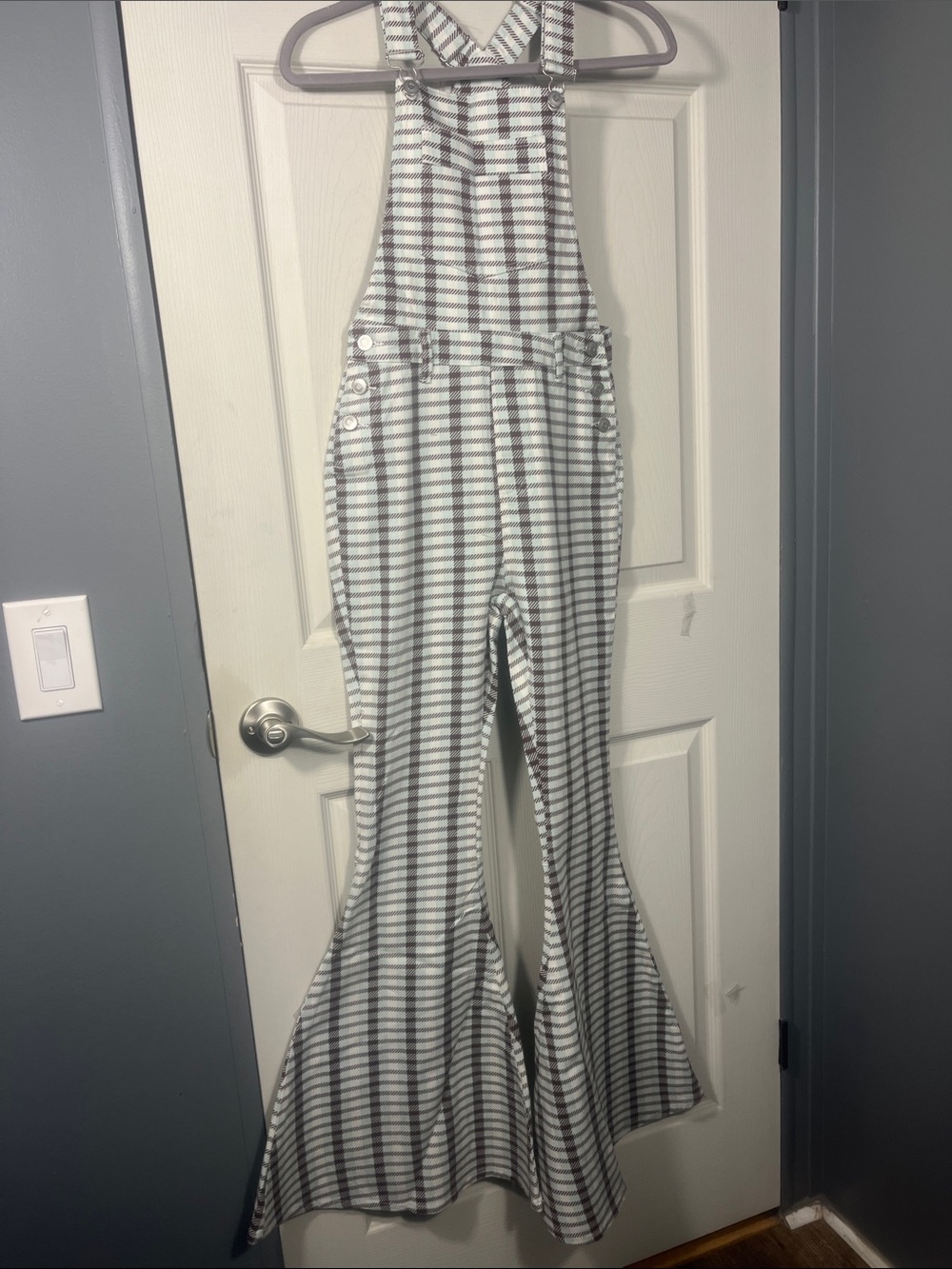 Peach Love California White and Gray Striped Flared Overalls Jumpsuit -NWOT